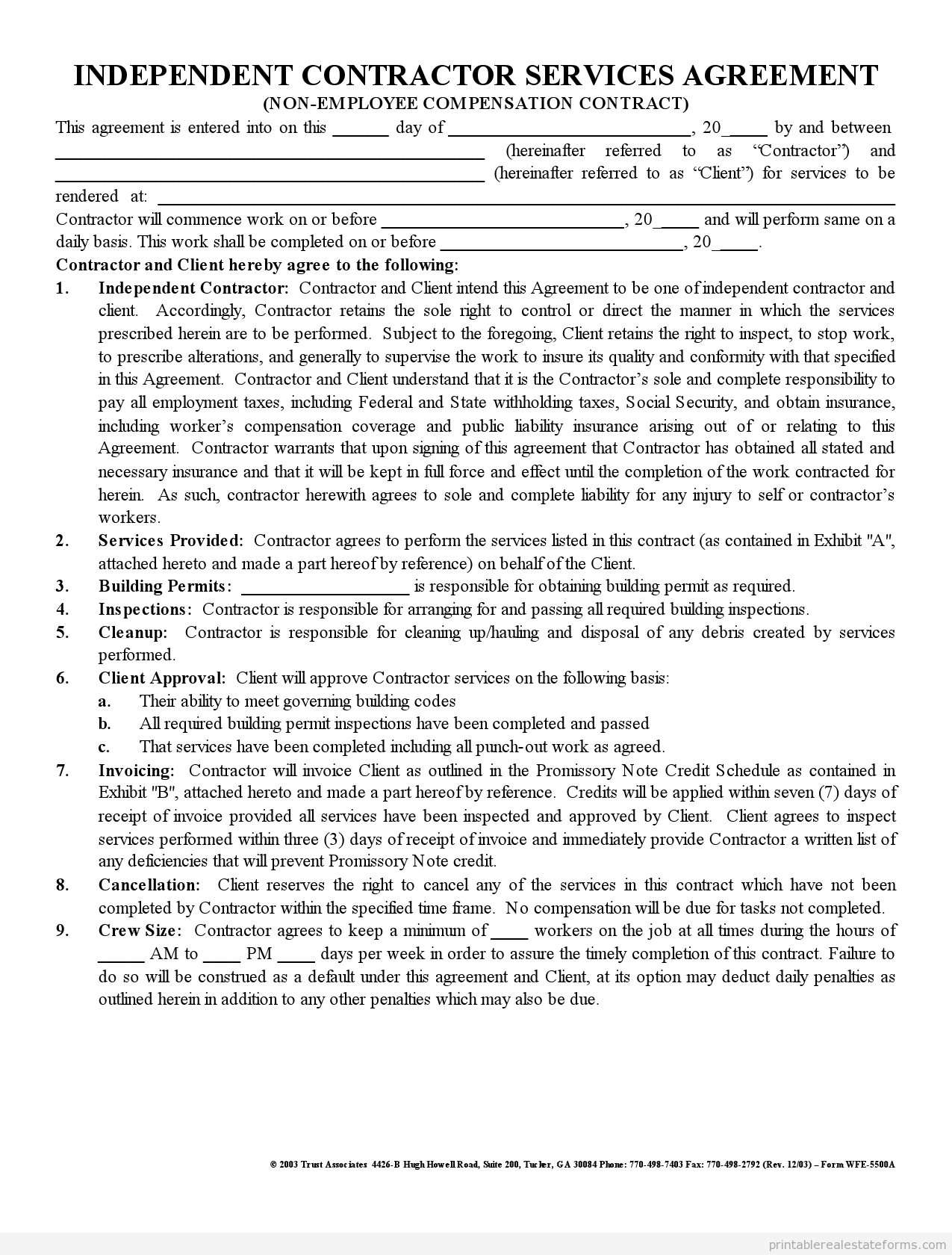 Printable Independent Contractor Agreement REAL ESTATE
