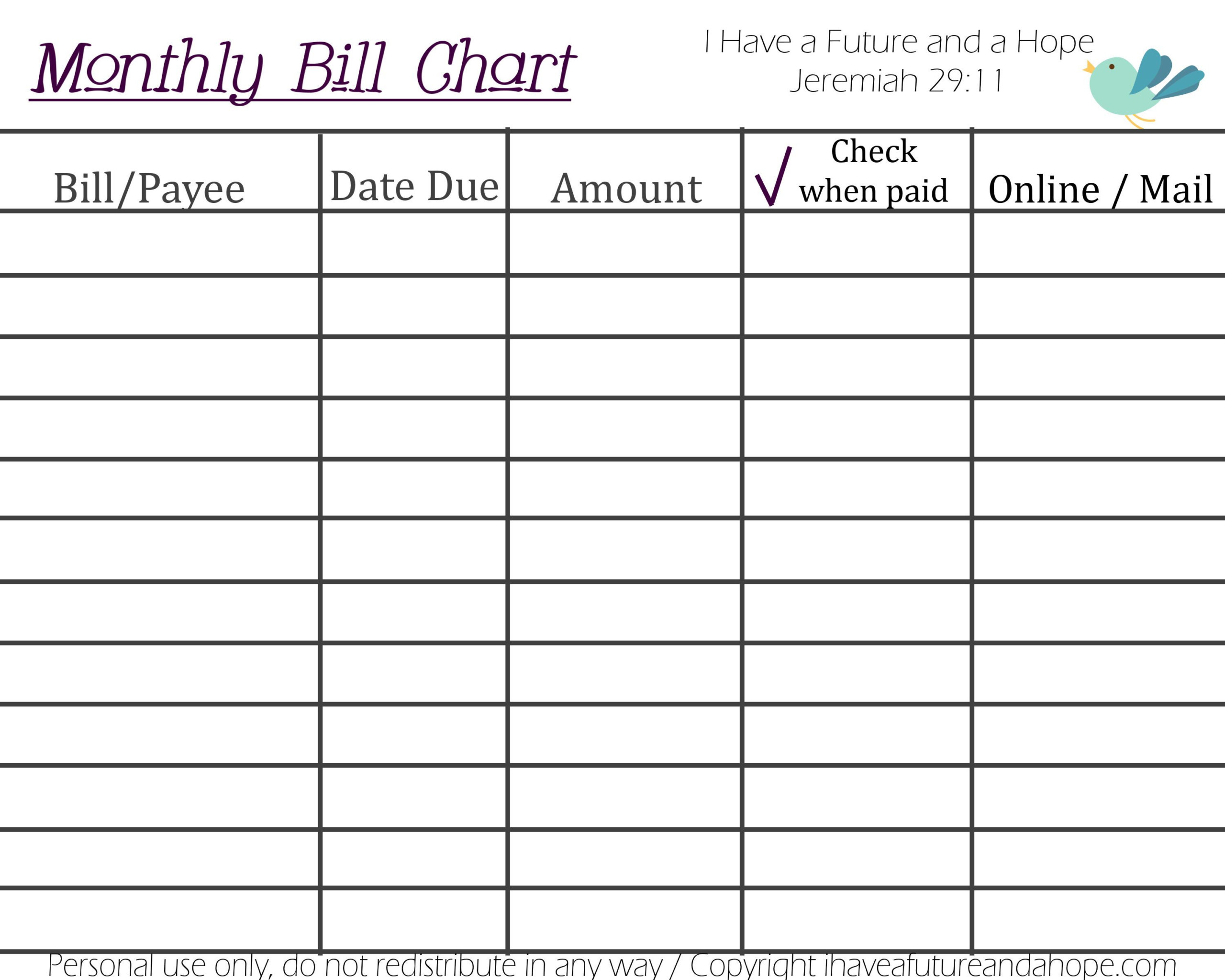 Printable Monthly Bill Chart Budget Spreadsheet Template 