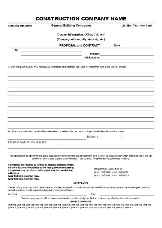 Printable Sample Construction Contract Template Form 