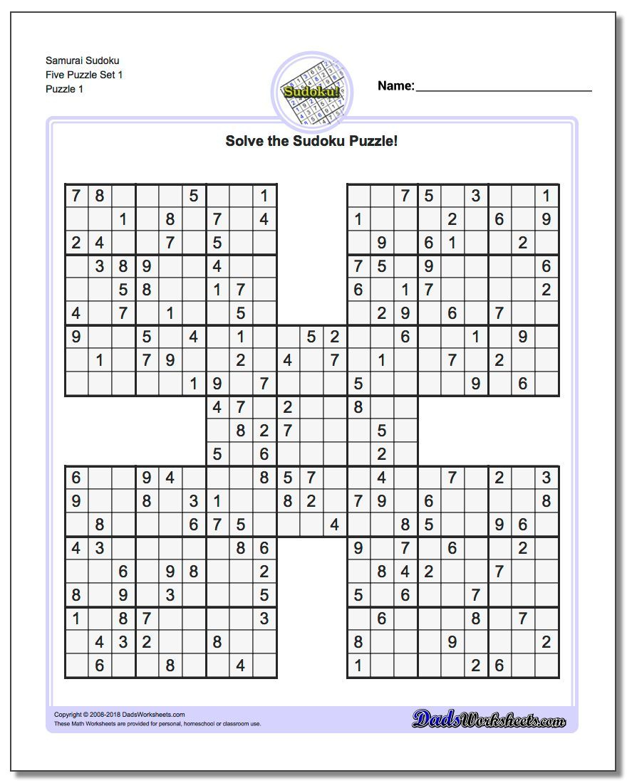 Samurai Sudoku Five Puzzle Set 1 Sudoku Worksheet 