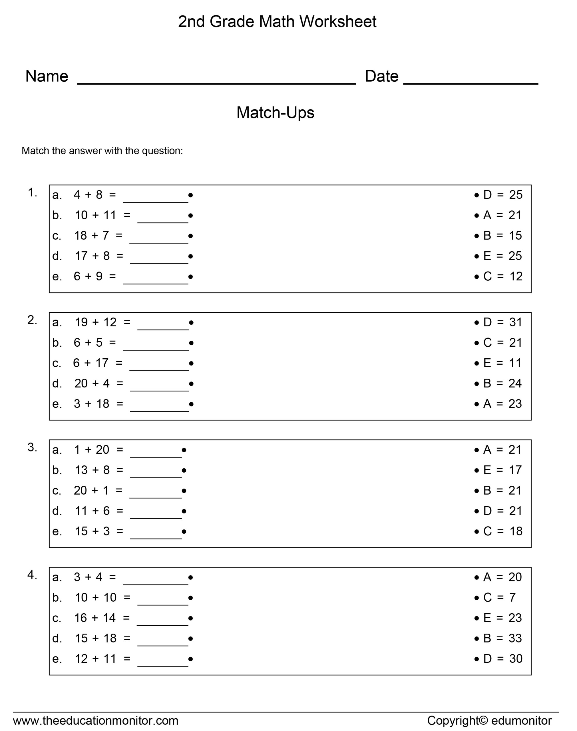 Second Grade Addition Math Worksheets Practice Learn More