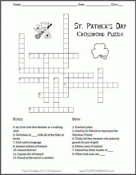St Patrick s Day Crossword Puzzle For Kids Student Handouts