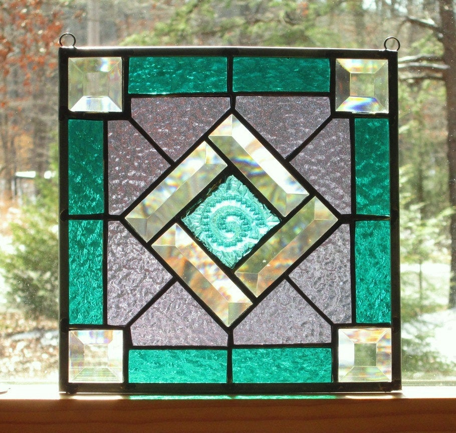 Stained Glass Panel Square Geometric Quilt Type Pattern In