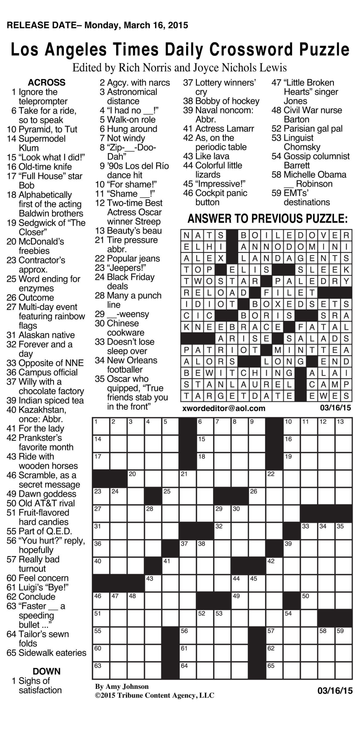 Sunday Crossword Puzzle Printable Ny Times Syndicated 