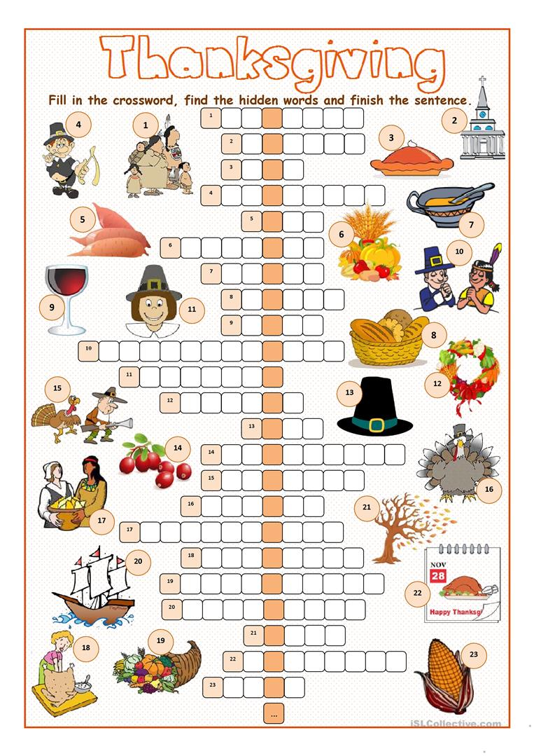 Thanksgiving Crossword Puzzle Worksheet Free ESL 