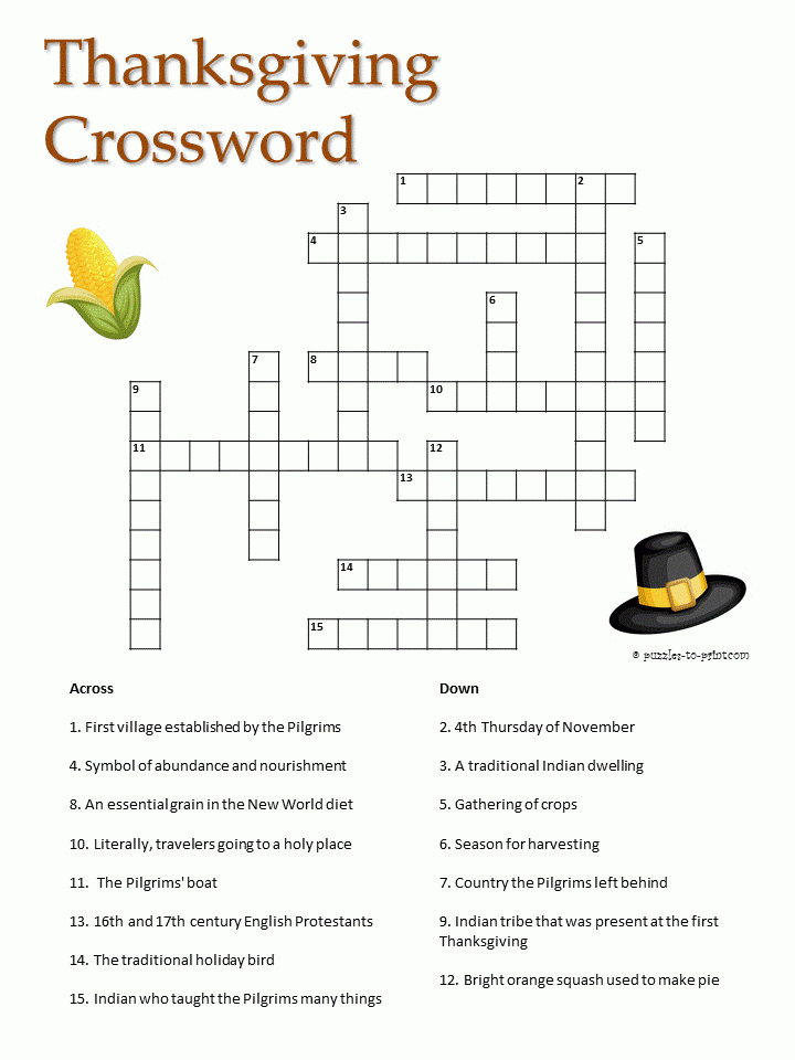 Thanksgiving Puzzles 15 Clue Thanksgiving Crossword 