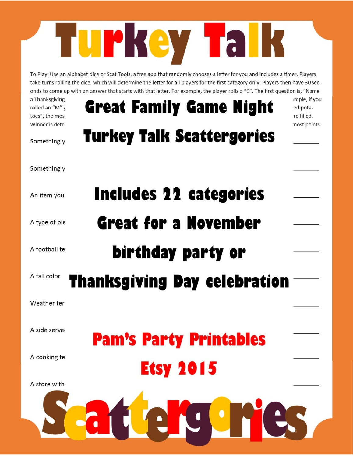 Thanksgiving Scattergories Printable Game Thanksgiving