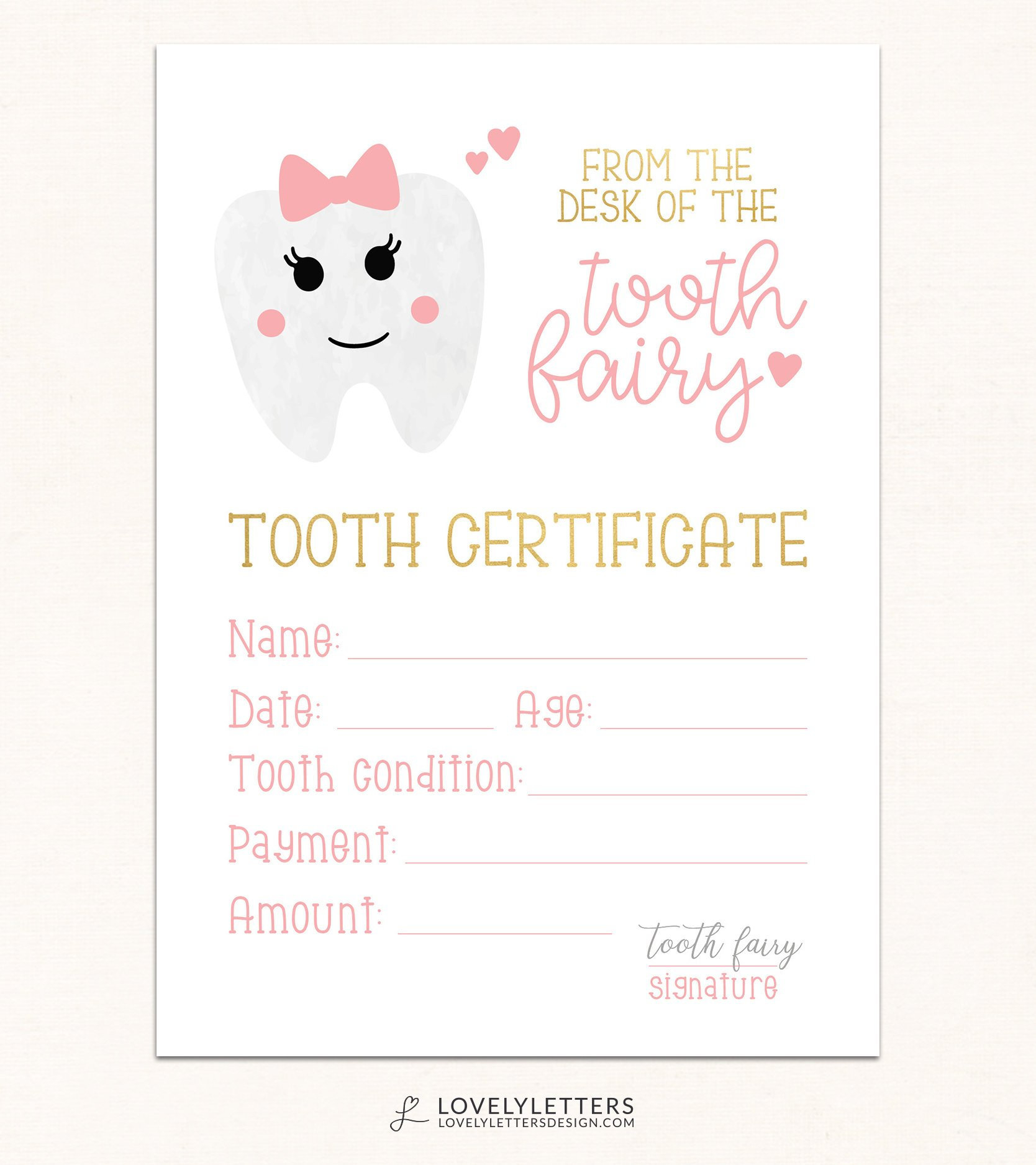 Tooth Fairy Certificate DIGITAL Tooth Fairy Printable 