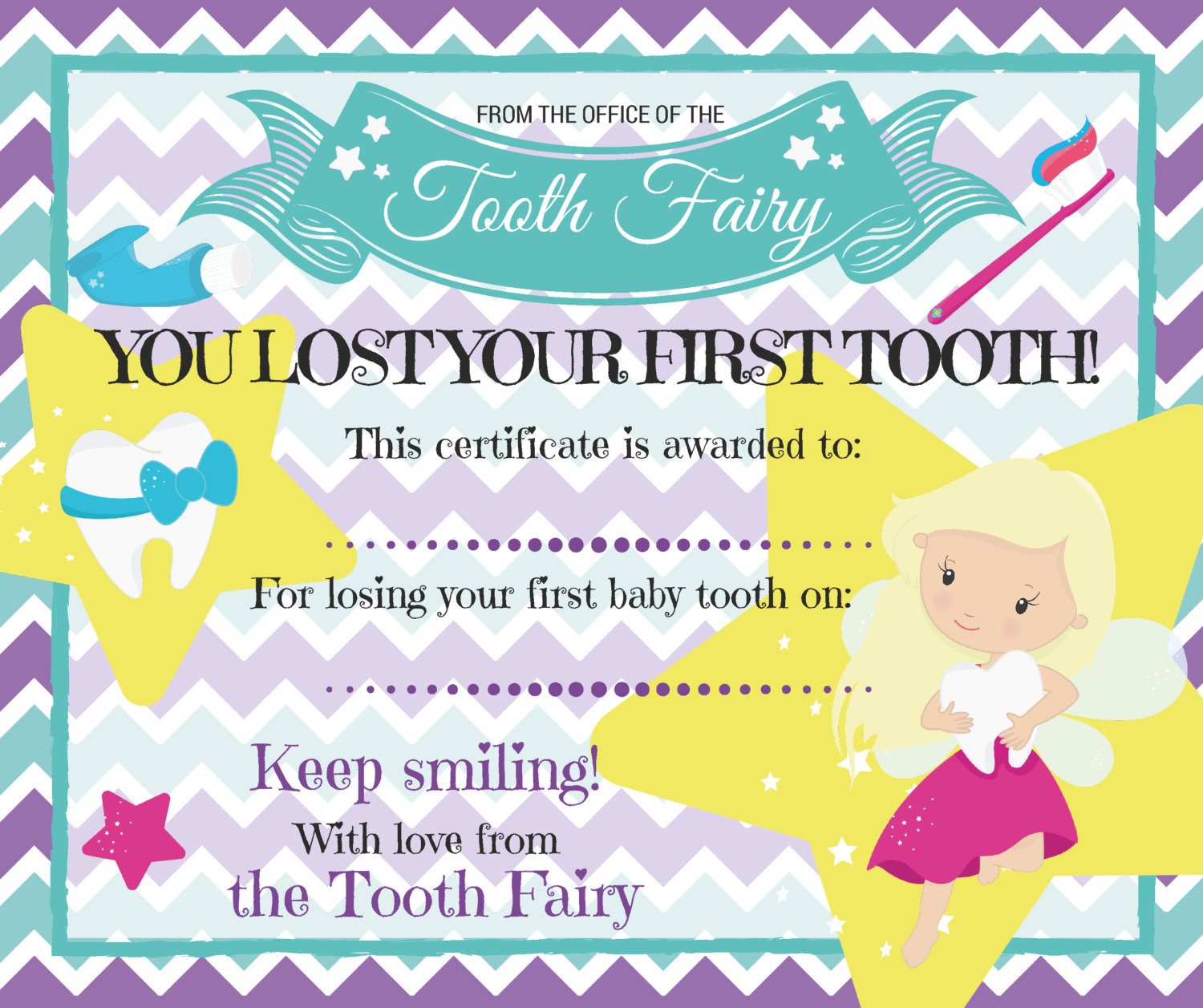 Tooth Fairy Certificate For Losing First Baby Tooth Etsy