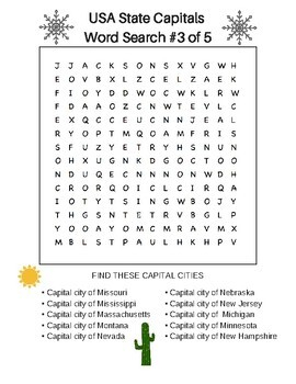 USA State Capitals Fun Word Search Puzzles For Middle 