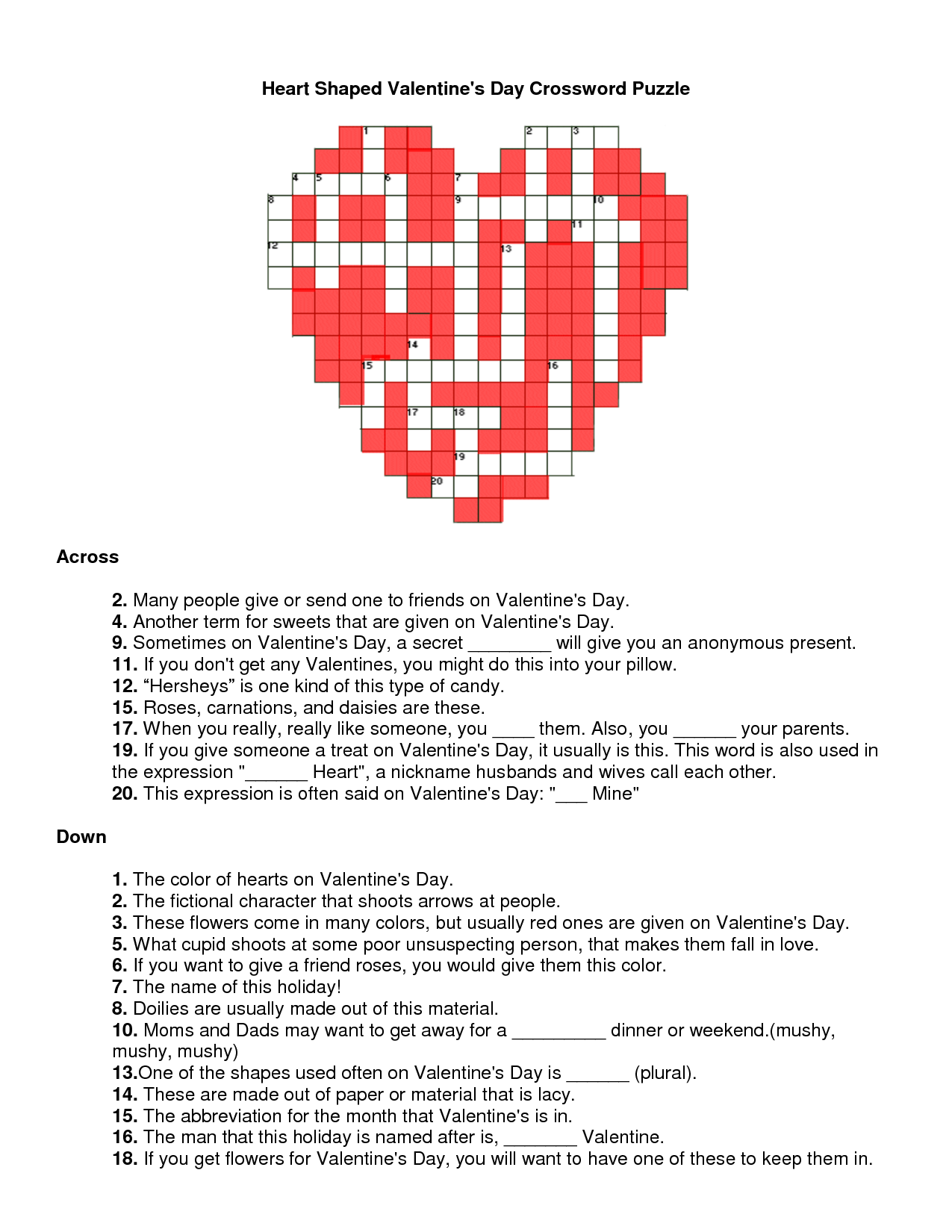 Valentines Day Crossword Puzzle Heart Shaped Valentines 