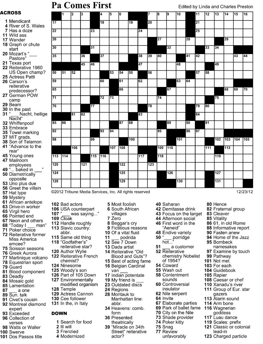 Washington Post Crossword Printable Puzzle Puzzles 