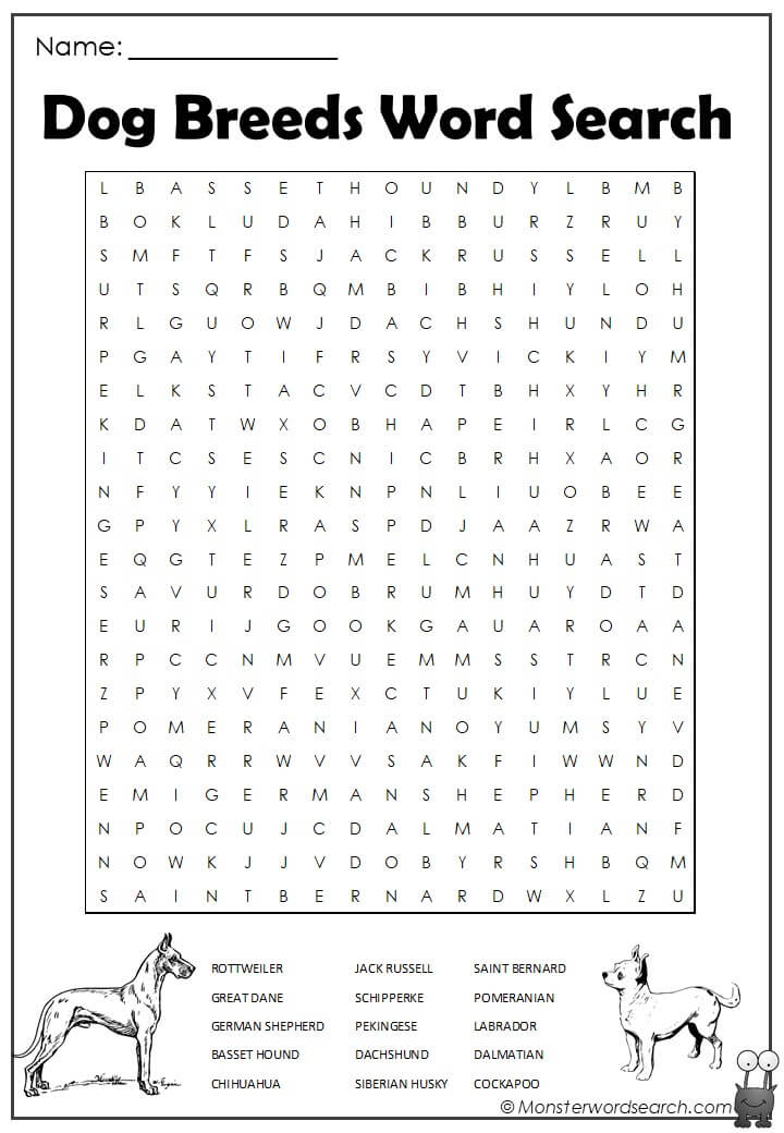 printable word search dog breeds