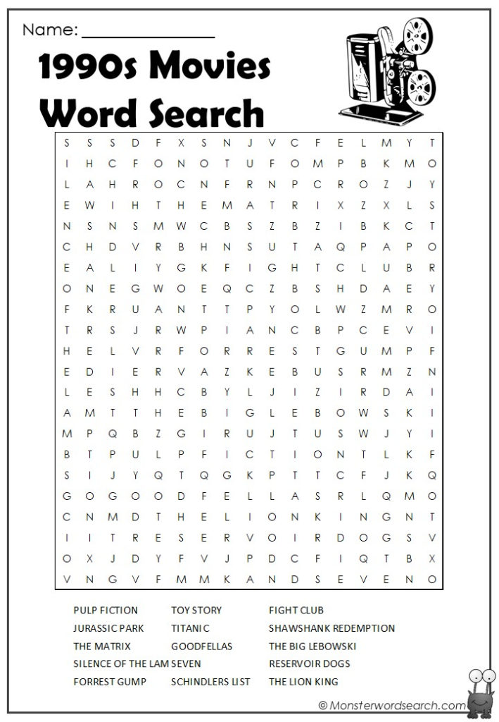 1990s Movies Word Search Monster Word Search