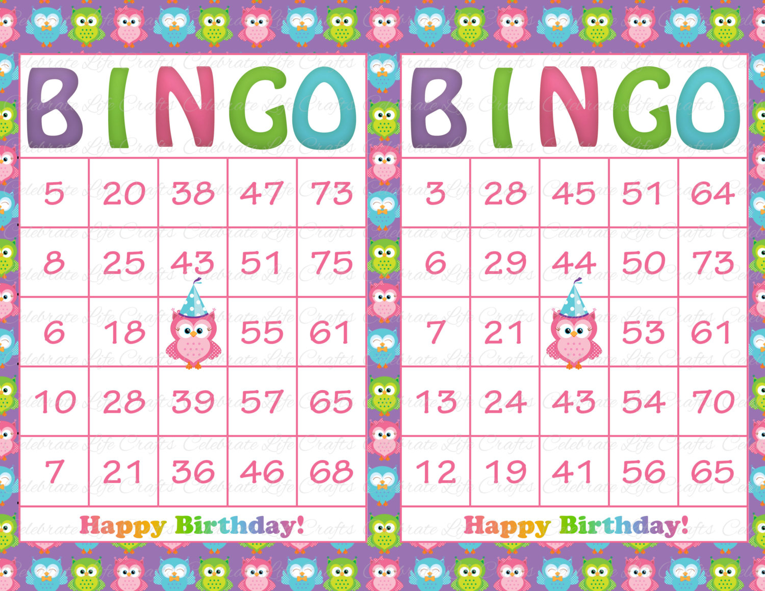 30 Purple Rainbow Owl Birthday Printable Bingo Cards Instant