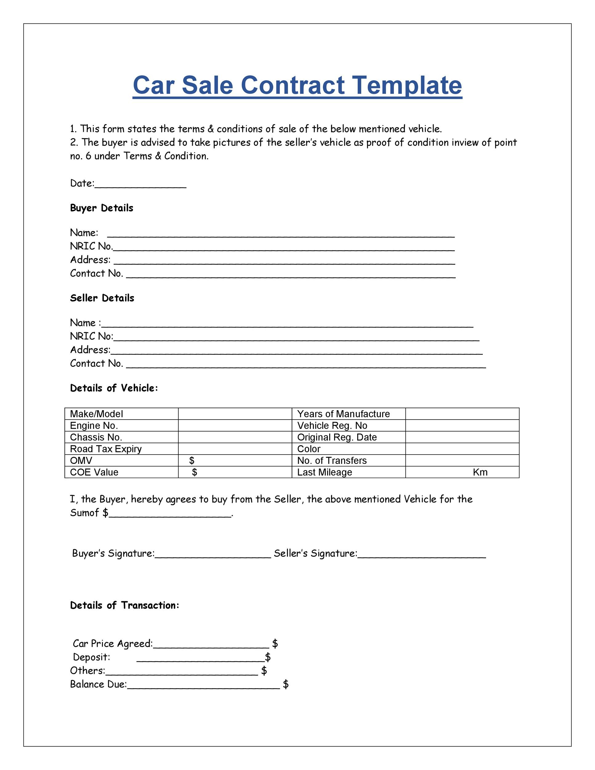 42 Printable Vehicle Purchase Agreement Templates 