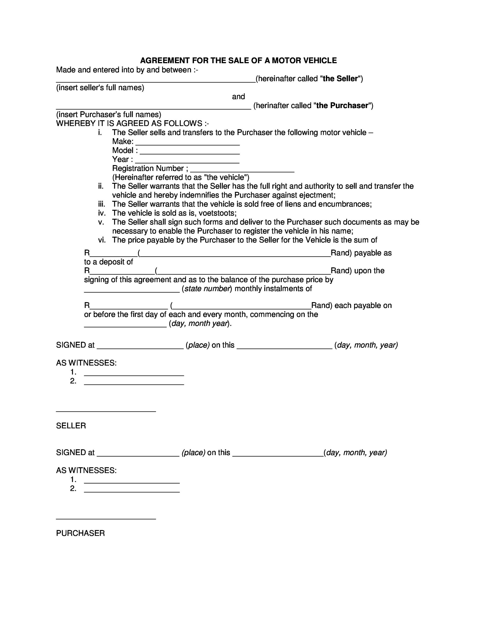 42 Printable Vehicle Purchase Agreement Templates 