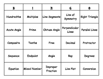 4th Grade Common Core Math Vocabulary Words Bingo By BarbB 