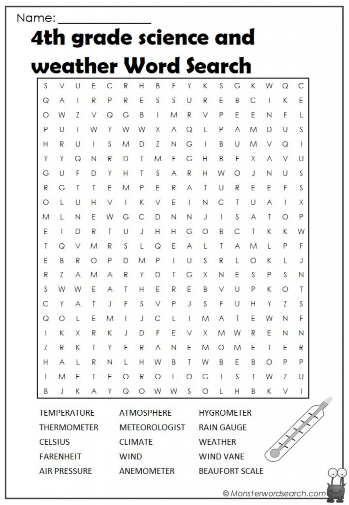 4th Grade Science And Weather Word Search Monster Word 