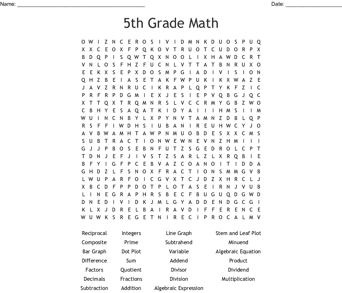 5th Grade Math Word Search WordMint