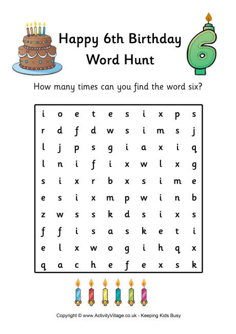 6th Birthday Word Hunt
