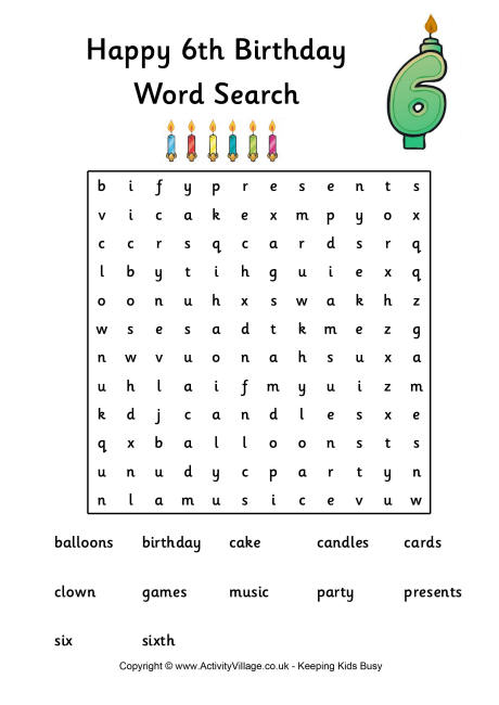 6th Birthday Word Search