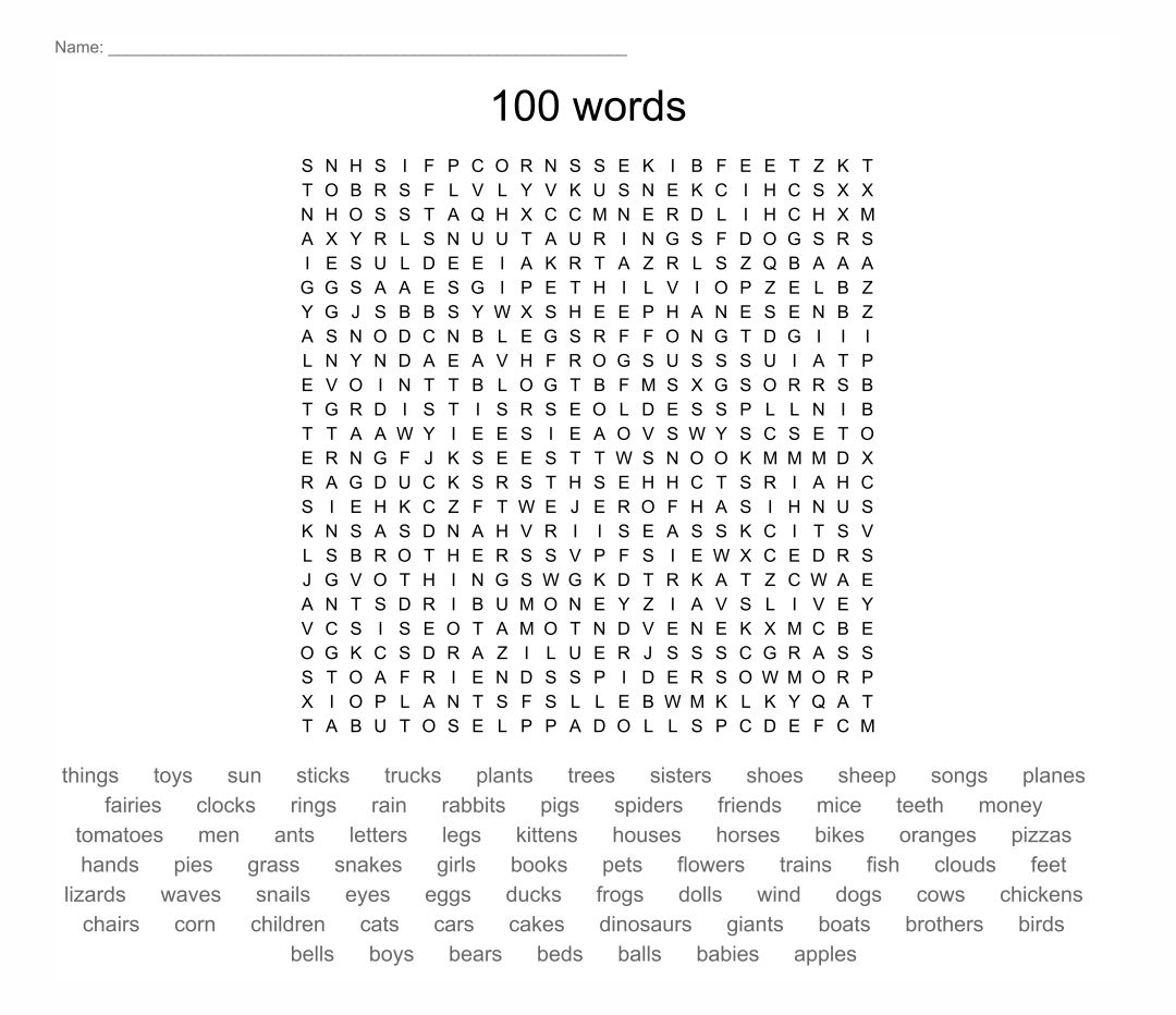 100 Word Word Search Printable