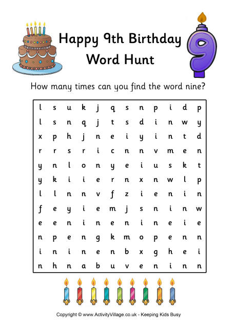 9th Birthday Word Hunt