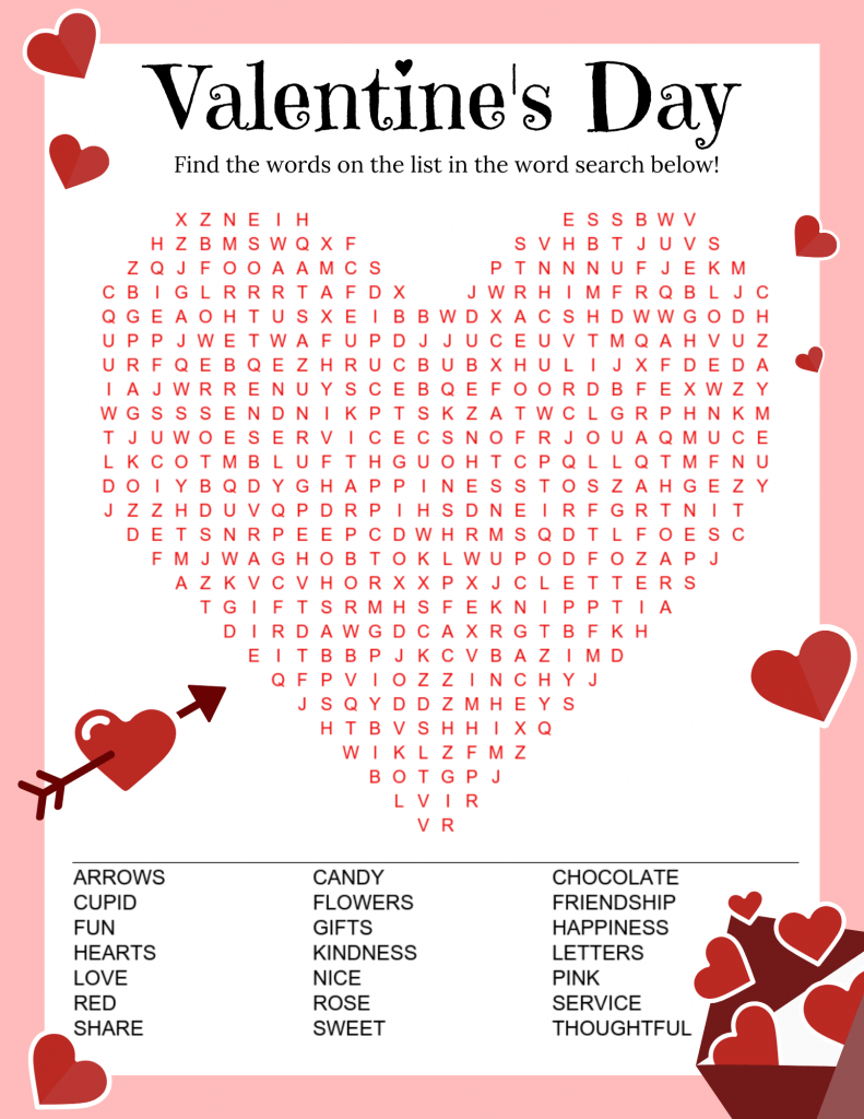 valentine's day word search printable hard