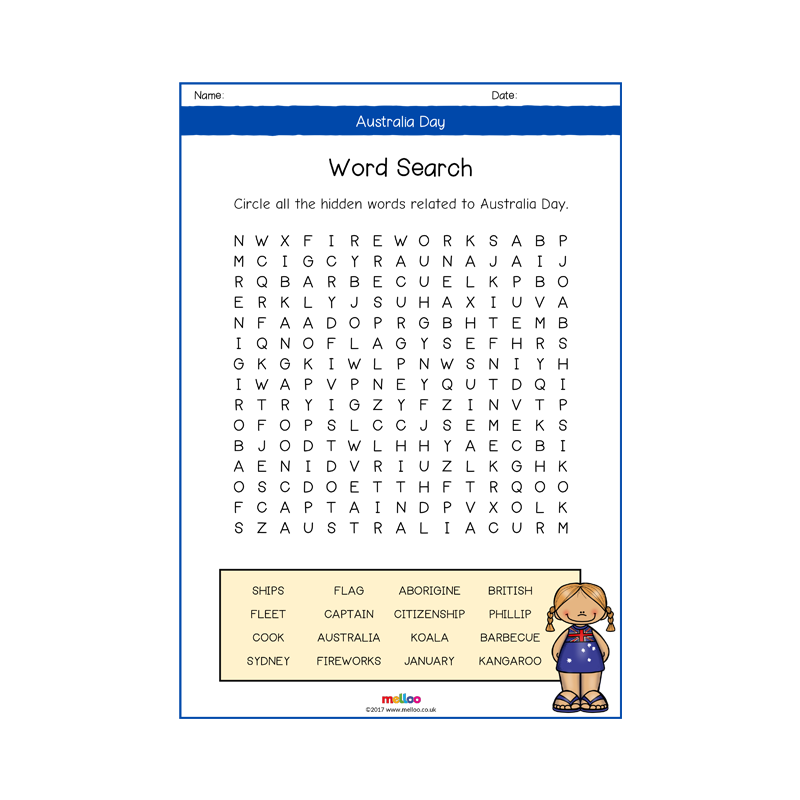 Australia Day Word Search Special Days KS1 KS2 Melloo