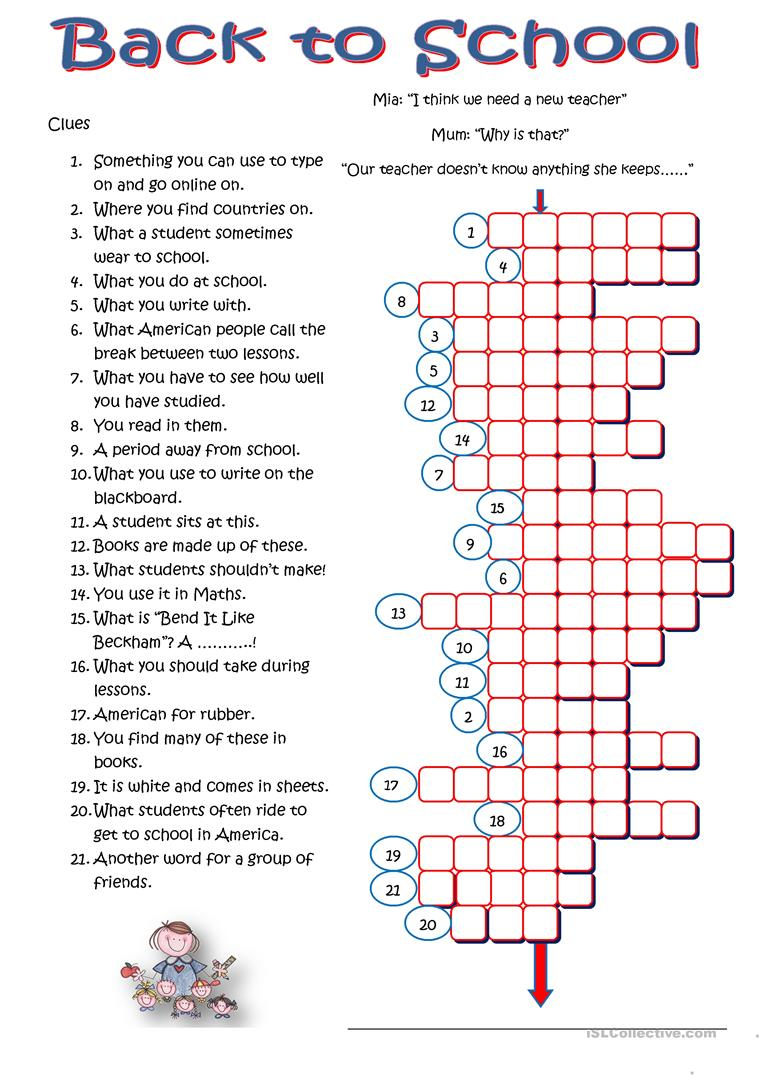 Back To School Crossword Worksheet Free ESL Printable 