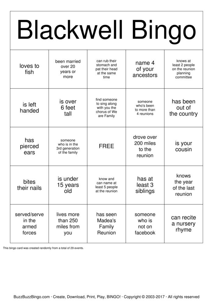 Blackwell Family Reunion Bingo Cards To Download Print 