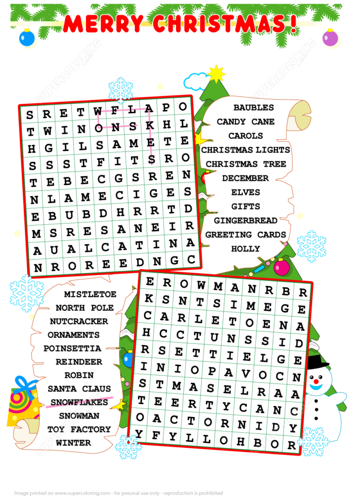 Christmas Zigzag Word Search Puzzle Free Printable