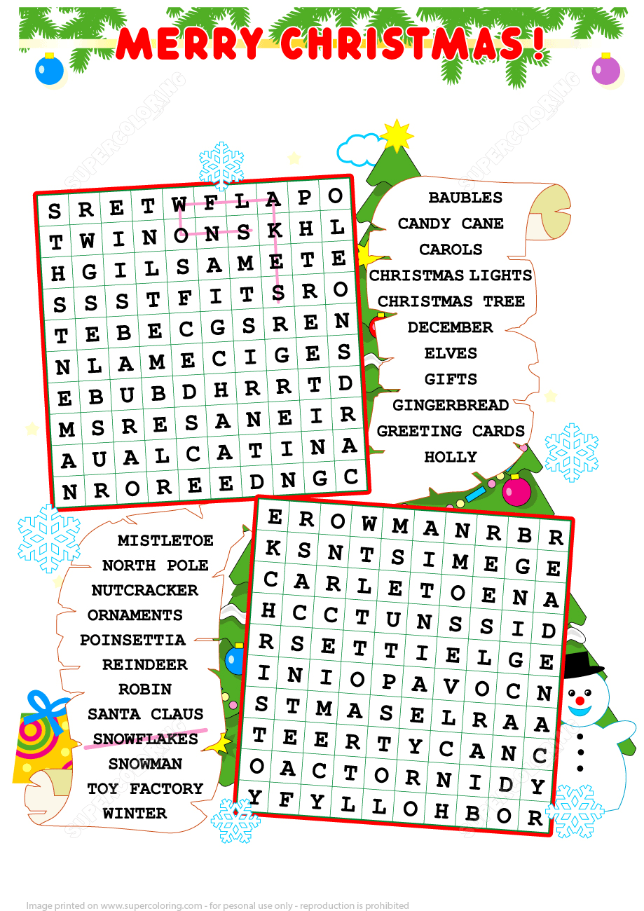 Christmas Zigzag Word Search Puzzle Free Printable 