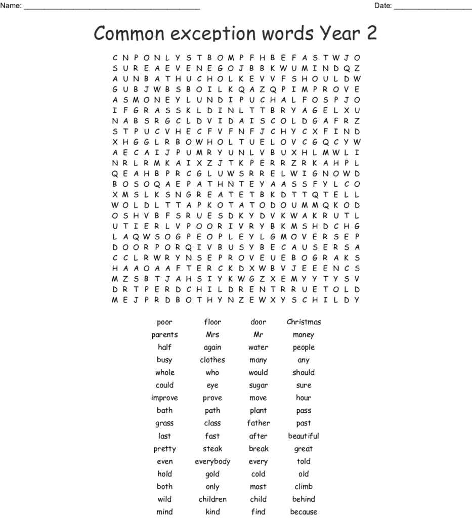 Common Exception Words Year 2 Word Search WordMint