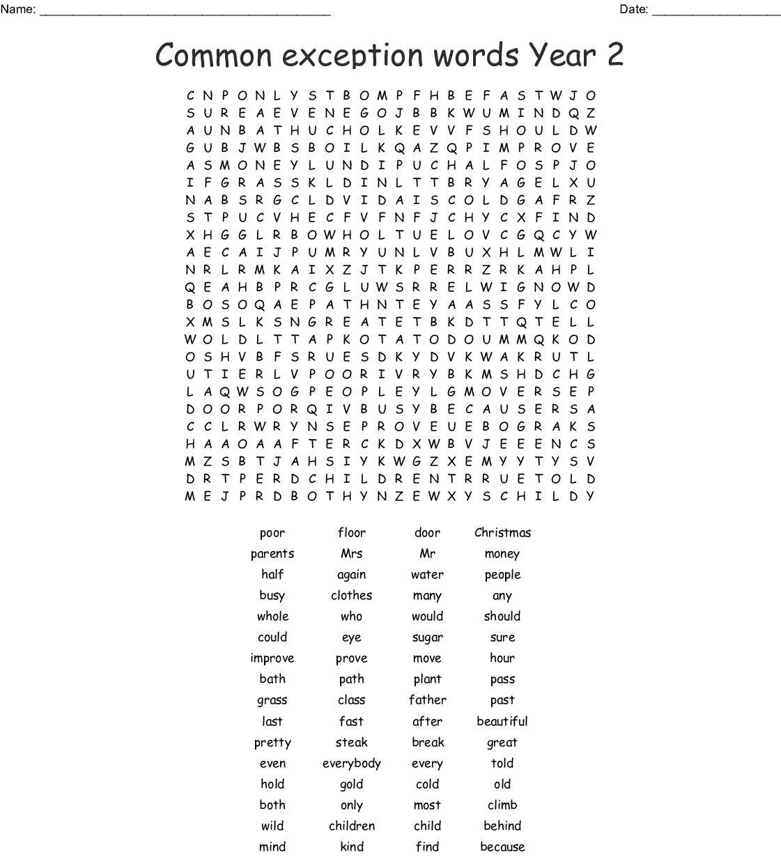 Common Exception Words Year 2 Word Search WordMint