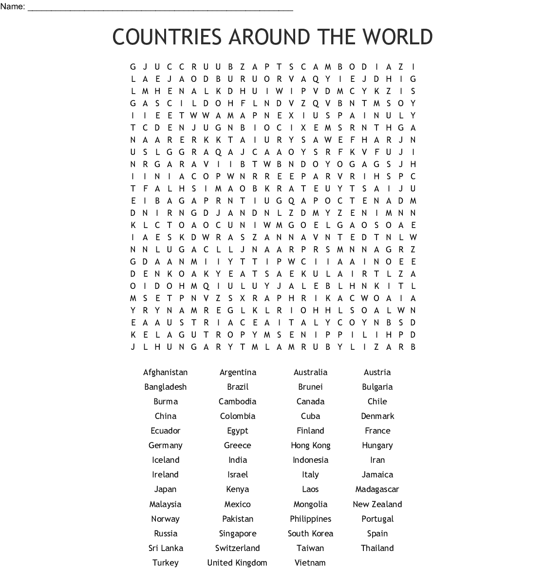 Countries Of The World Word Search Puzzle