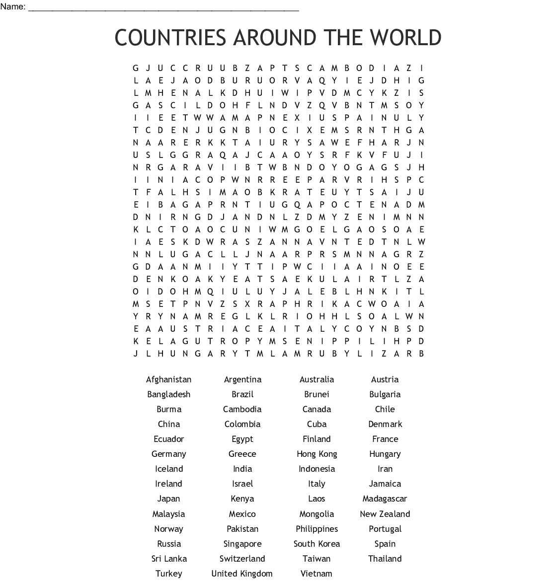 Countries Of The World Word Search Puzzle Word Puzzles For Kids Word Printable Word Search 