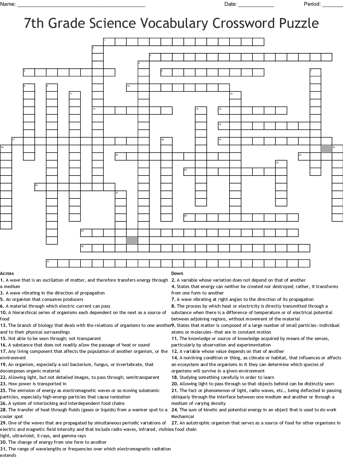 Crossword Puzzles Printable 7Th Grade Printable 