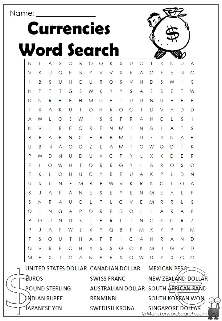 Currencies Word Search Monster Word Search