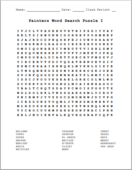 Famous Painters Word Search Puzzles Student Handouts
