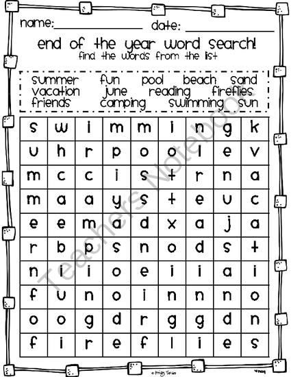 FREE End of the Year Word Search From Kindergarten Kristy 