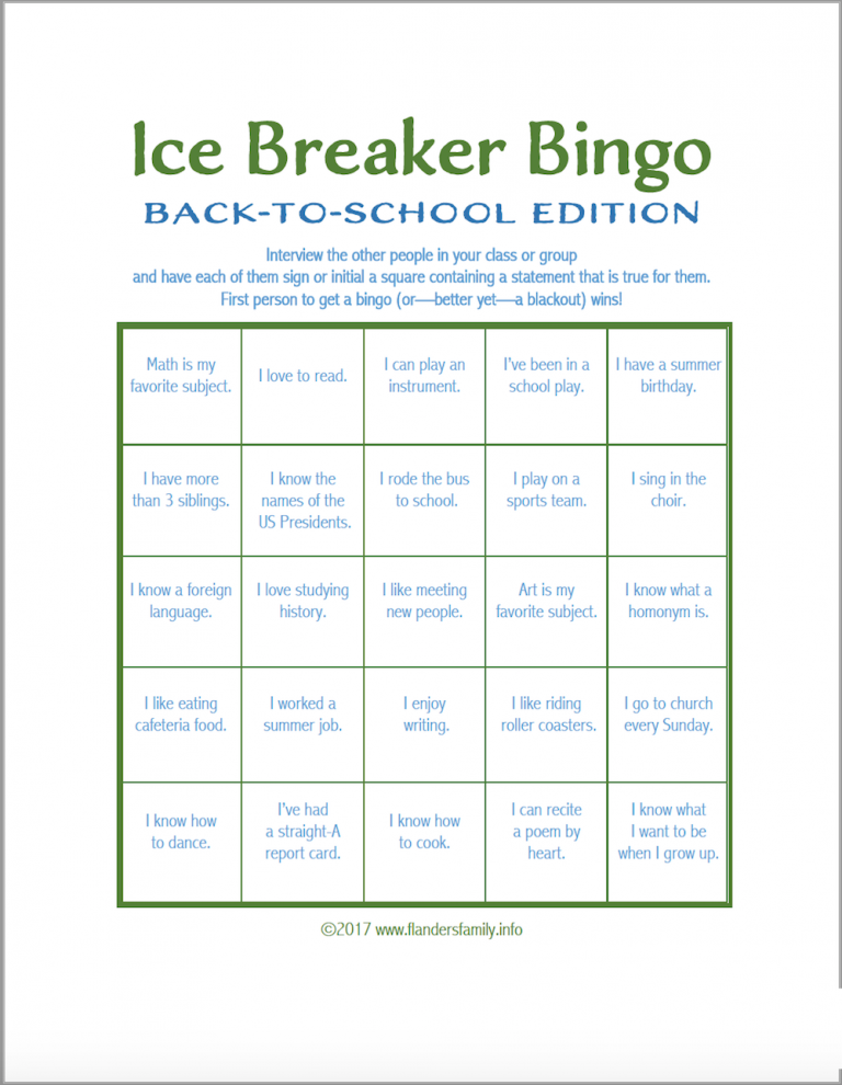 Free Printable Ice Breaker Bingo Back to School Version 