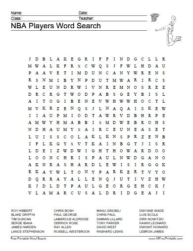 Free Printable NBA Players Word Search Nba Players Top 
