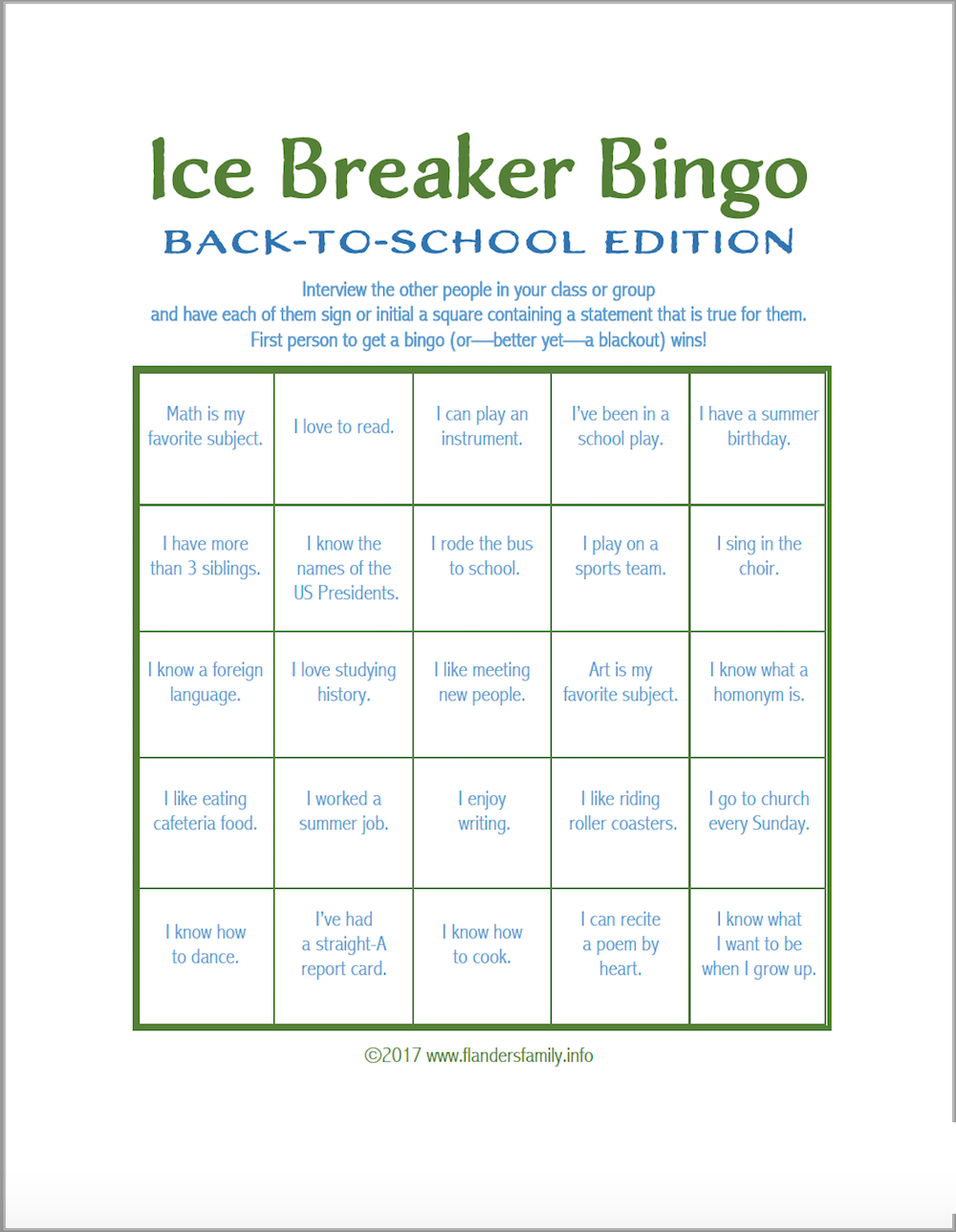 Ice Breaker Bingo Back to School Version Flanders