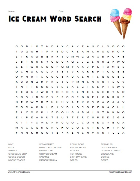 Ice Cream Word Search Free Printable AllFreePrintable