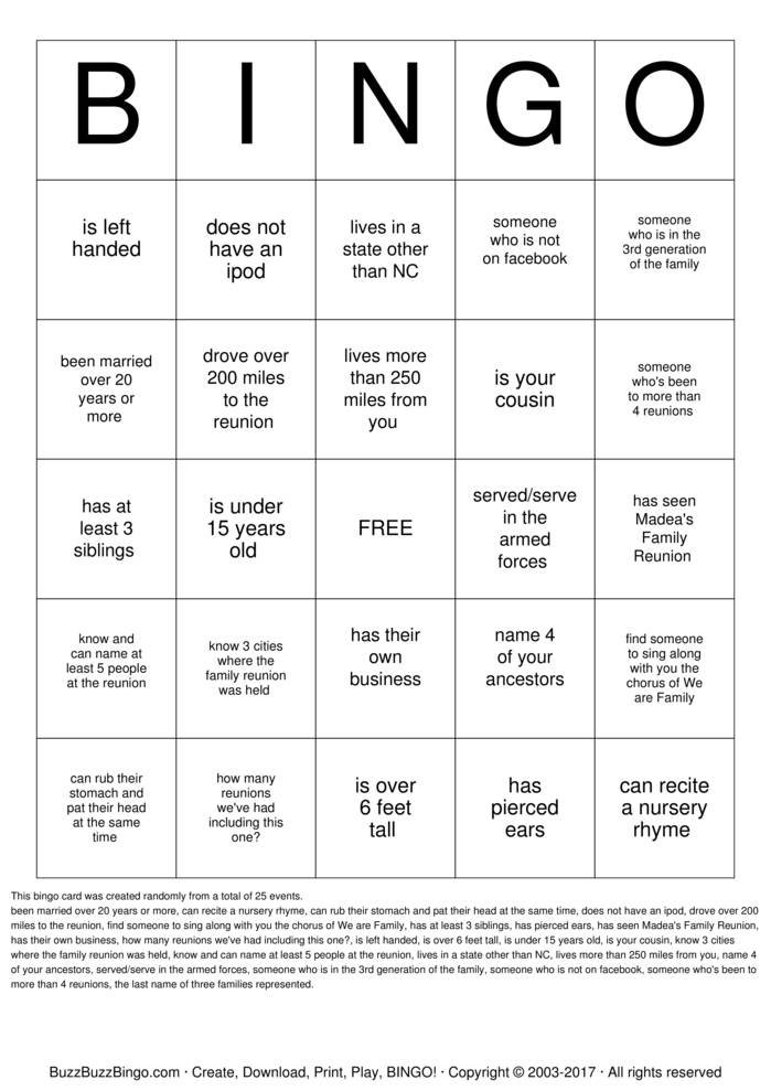 Lawrence Family Reunion Bingo Cards To Download Print And 