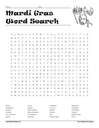 Mardi Gras Word Search Free Printable AllFreePrintable