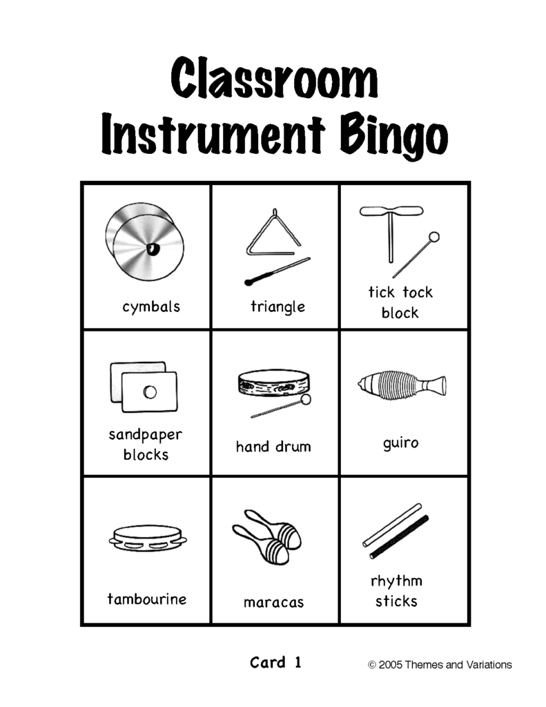 Musical Instrument Bingo Printable Cards Printable Bingo