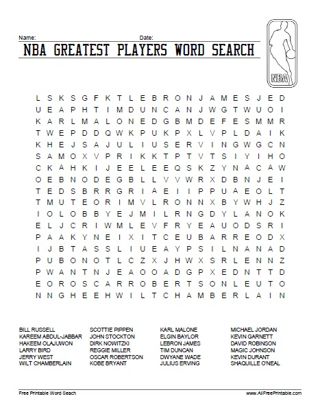 NBA Greatest Players Word Search Free Printable 